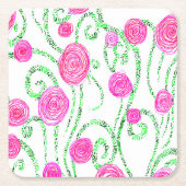 緑とピンクの花のつる植物 スクエアペーパーコースター (正面)