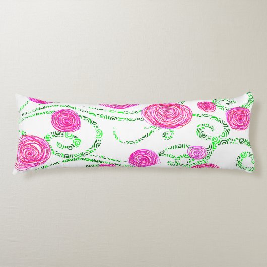 緑とピンクの花のつる植物 ボディピロー (正面)