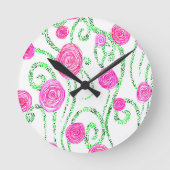緑とピンクの花のつる植物 ラウンド壁時計 (正面)