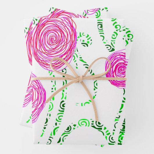 緑とピンクの花のつる植物 ラッピングペーパーシート (インサイチュ)