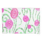 緑とピンクの花のつる植物 枕カバー (正面)