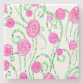 緑とピンクの花のイラストレーション ストーンコースター (正面)