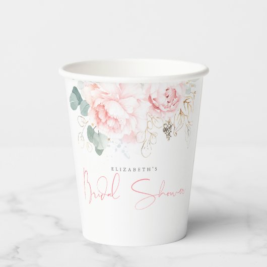 緑とピンクの花のエレガントブライダルシャワー 紙コップ (裏面)