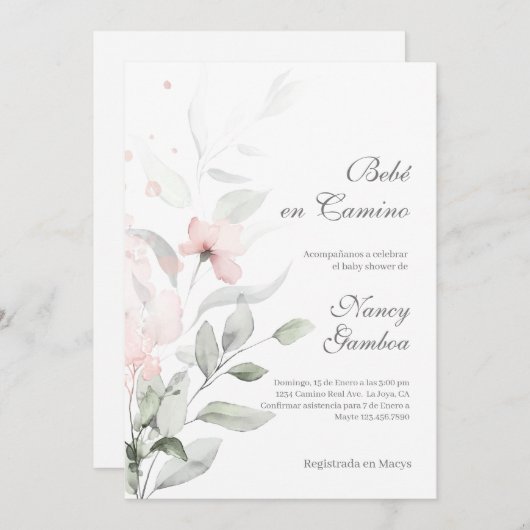 緑とピンクの花の赤ちゃんシャワーの招待状 招待状 (正面/裏面)