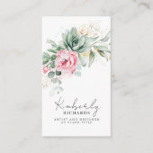 緑とピンクの花を多肉化エレガント 名刺 (正面)