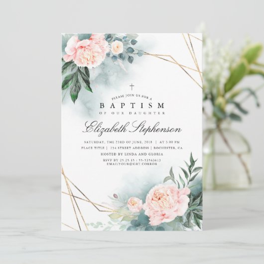 緑とピンクの花エレガントのモダン洗礼 招待状 (スタンド正面)