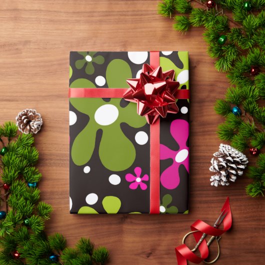 緑とピンクの花ファンキーのラッピング紙 ラッピングペーパー (クリスマスギフト)