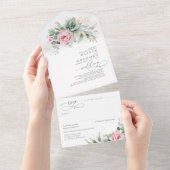 緑とピンクの花ボホ結婚の実 オールインワン招待状 (貼ってはがせる)