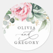 緑とピンクの花結婚の数 ラウンドシール (正面)