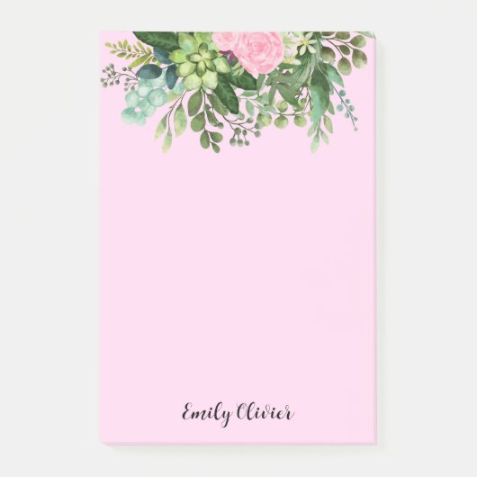 緑とピンクの花 – 名前をカスタムする ポストイット (正面)