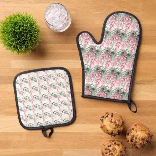 緑とピンクの葉オーブンミットとポットホルダー 鍋つかみ&鍋敷きセット (トップダウン)
