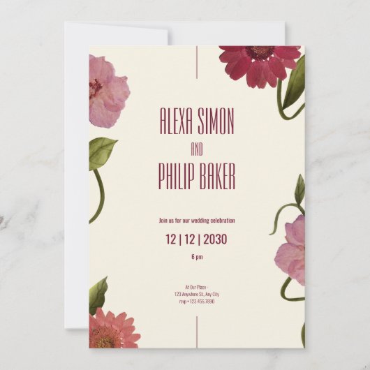 緑とピンクの赤い水色の花結婚の 招待状 (正面)