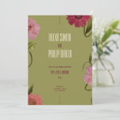 緑とピンクの赤い水色の花結婚の 招待状 (スタンド正面)