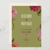 緑とピンクの赤い水色の花結婚の 招待状 (正面/裏面)