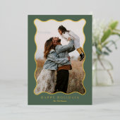 緑とピンクの金ゴールド波状フレームホリデーフォトカード 箔シーズンカード (立ち正面)