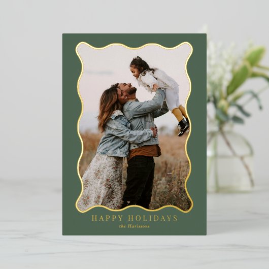 緑とピンクの金ゴールド波状フレームホリデーフォトカード 箔シーズンカード (立ち正面)