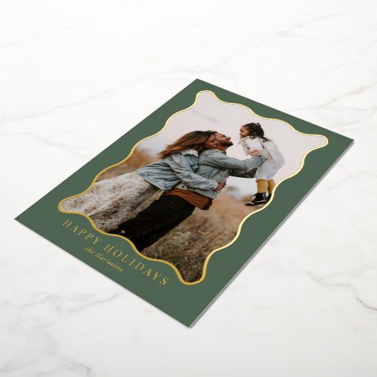 緑とピンクの金ゴールド波状フレームホリデーフォトカード 箔シーズンカード (回転した状態)