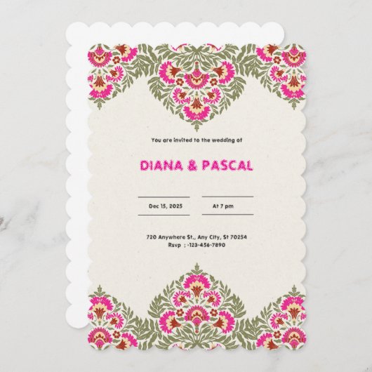 緑とピンクエレガントのフローラ結婚インディアンの魅力 招待状 (正面/裏面)