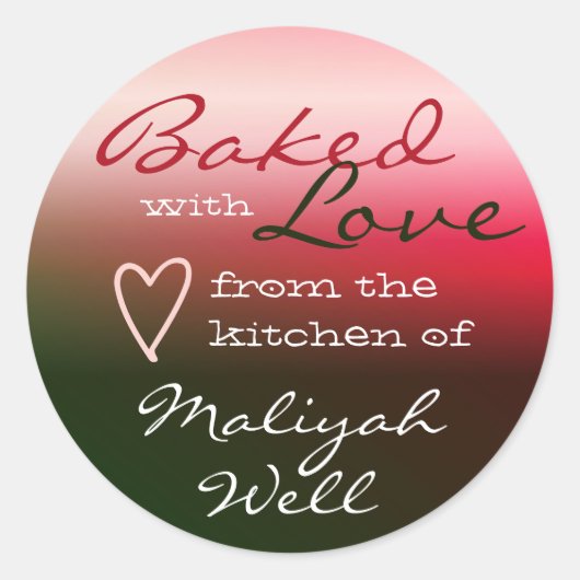 緑とピンクグラデーションのラ焼いたイトと愛ハート ラウンドシール (正面)