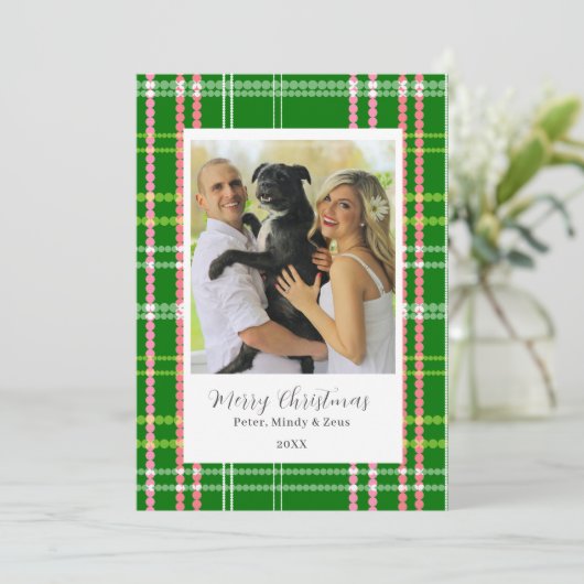 緑とピンクモダンのドカスタマイズック・クリスマス シーズンカード (スタンド正面)