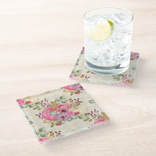 緑とピンク&金ゴールド秋のカボチャ&花 ガラスコースター (アングル)