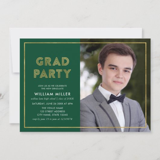 緑とフェイク金ゴールド幾何学的フォトグラッドパーティー 招待状 (正面)