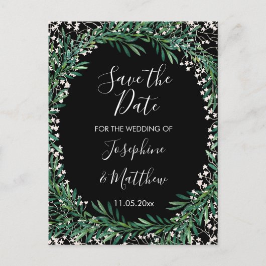 緑とフロート水彩黒日付を保存 案内ポストカード (正面)