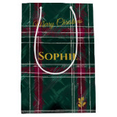 緑とブルゴーニュのハンドドローの格子模様のクリスマス ミディアムペーパーバッグ (正面)