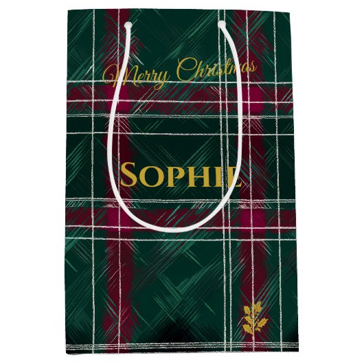 緑とブルゴーニュのハンドドローの格子模様のクリスマス ミディアムペーパーバッグ (正面)