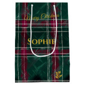 緑とブルゴーニュのハンドドローの格子模様のクリスマス ミディアムペーパーバッグ (裏面)