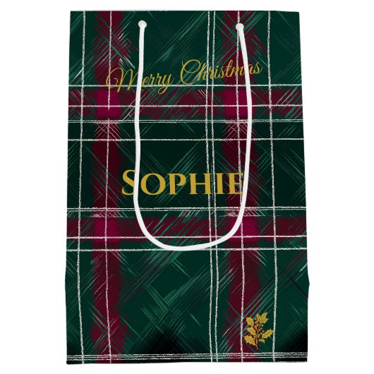 緑とブルゴーニュのハンドドローの格子模様のクリスマス ミディアムペーパーバッグ (裏面)
