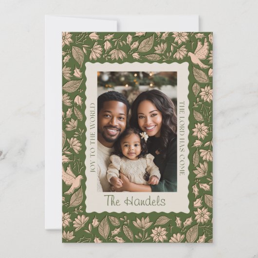 緑とベージュのフォークアートクリスマスフォト シーズンカード (正面)