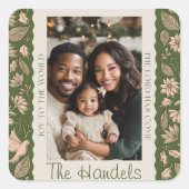 緑とベージュのフォークアートクリスマスフォト スクエアシール (正面)