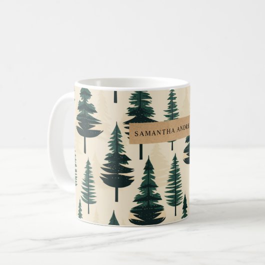 緑とベージュの常緑ヴィンテージ松 コーヒーマグカップ (正面左)