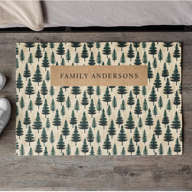 緑とベージュの常緑ヴィンテージ松 ドアマット (クリエイターアップロード済み)