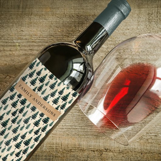 緑とベージュの常緑ヴィンテージ松 ワインラベル