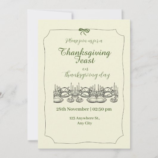 緑とベージュの感謝祭エレガントディナーパーティー 招待状 (正面)