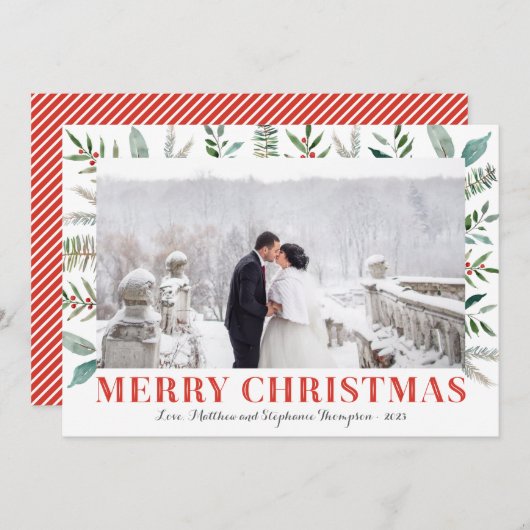 緑とホリーメリークリスマスフォトカード シーズンカード (正面/裏面)