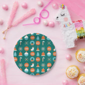 緑とモダンオレンジのクリスマスシンボルパターン ペーパープレート (パーティー)