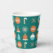 緑とモダンオレンジのクリスマスシンボルパターン 紙コップ (正面)