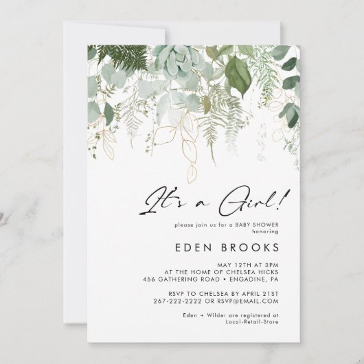緑とモダン金ゴールドその女の子の赤ちゃんシャワー 招待状 (正面)