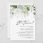 緑とモダン金ゴールドツインズベビーシャワー 招待状 (正面)