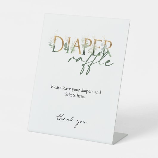 緑とモダン金ゴールド赤ちゃんシャワーおむつラッフル 台座サイン (正面)