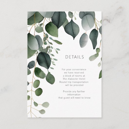 緑とユーカリ結婚の詳細 エンクロージャーカード (正面)