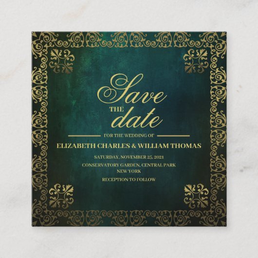 緑と伝統的金ゴールドの日付カードの保存 エンクロージャーカード (正面)