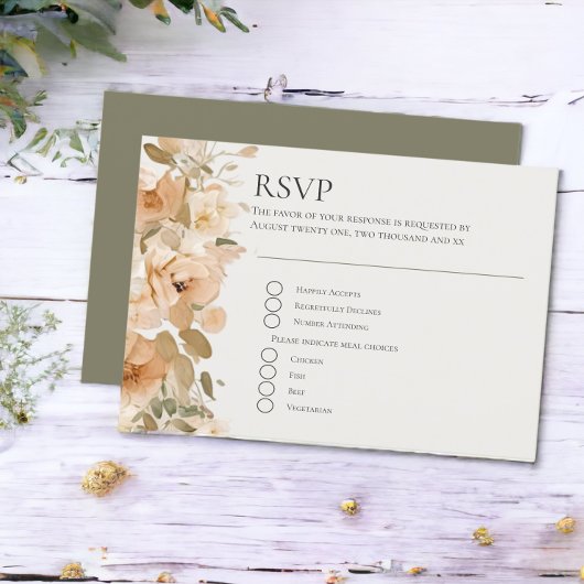 緑と桃の無垢の結婚花 出欠カード