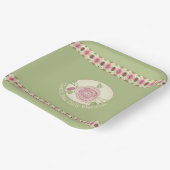 緑と淡い色のピンクのフローラアクセント付き正方形 ペーパープレート (傾斜あり)