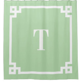 緑と淡い色の白ギリシャ鍵モノグラシンプルム シャワーカーテン