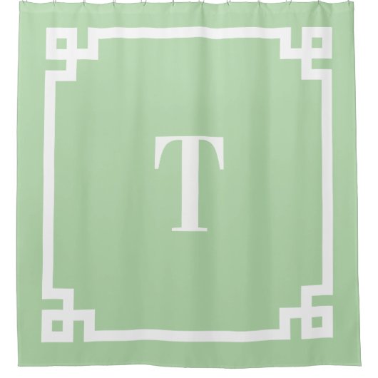 緑と淡い色の白ギリシャ鍵モノグラシンプルム シャワーカーテン (正面)
