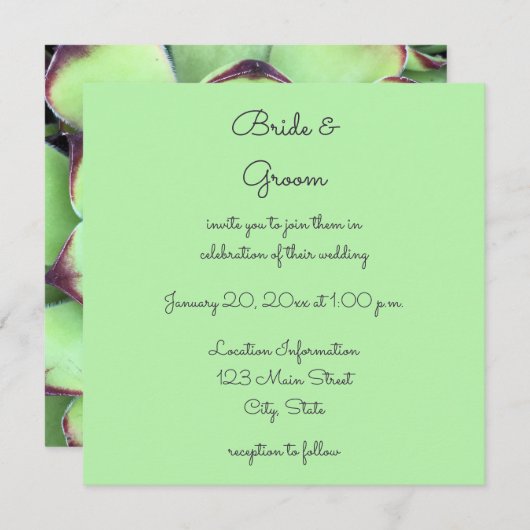 緑と濃い紫の多肉性の写真結婚の数 招待状 (正面/裏面)